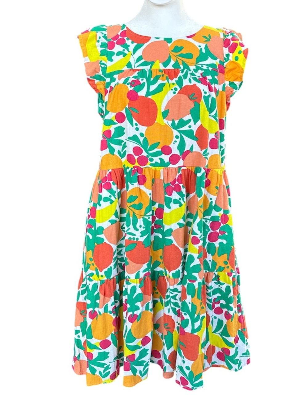J.Crew Factory Linen-Blend Fruity Print Tiered Shift Dress Ruffle Sleeves 2